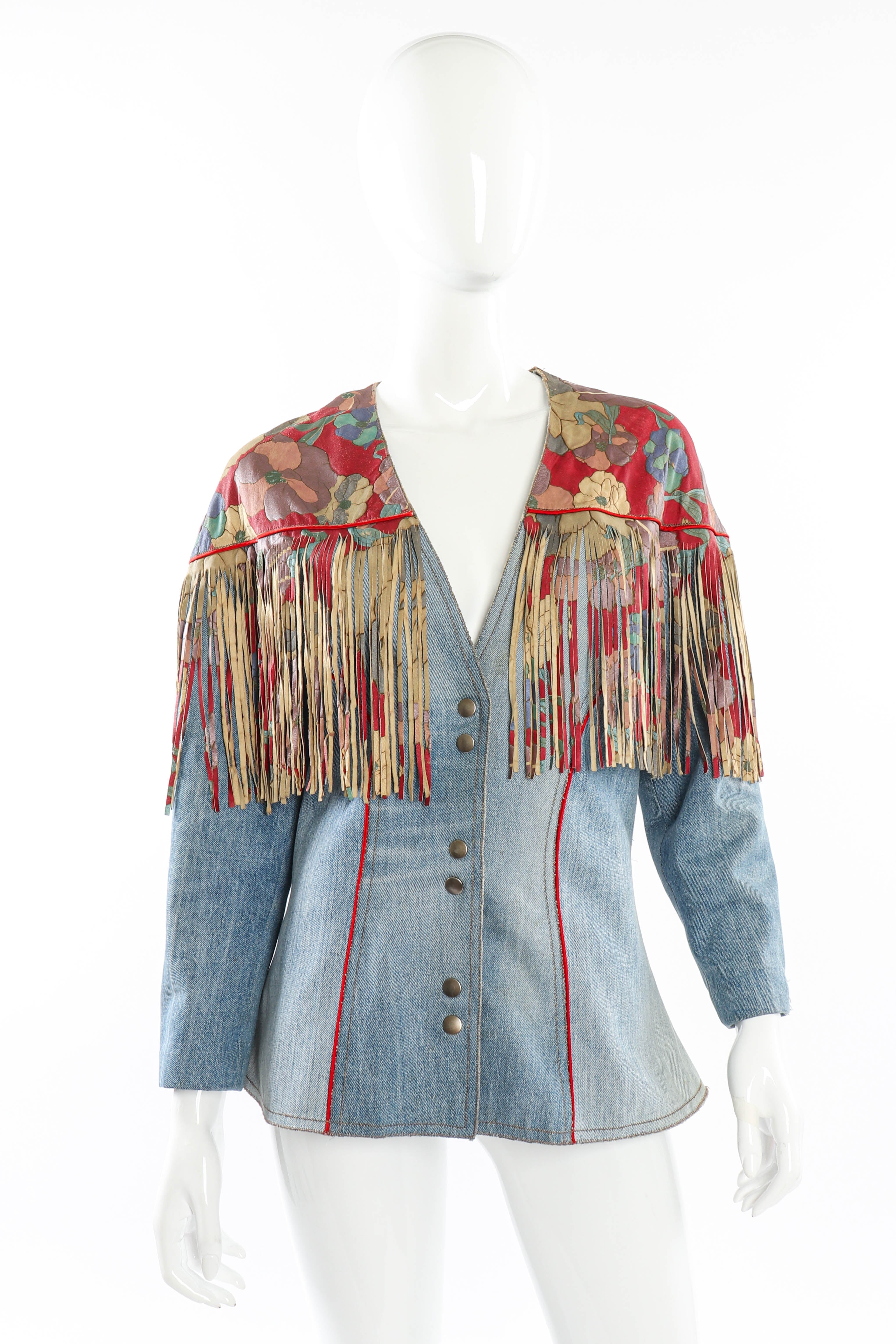 Vintage Roberto Cavalli Floral Denim and Leather Fringe Jacket front on mannequin @recessla