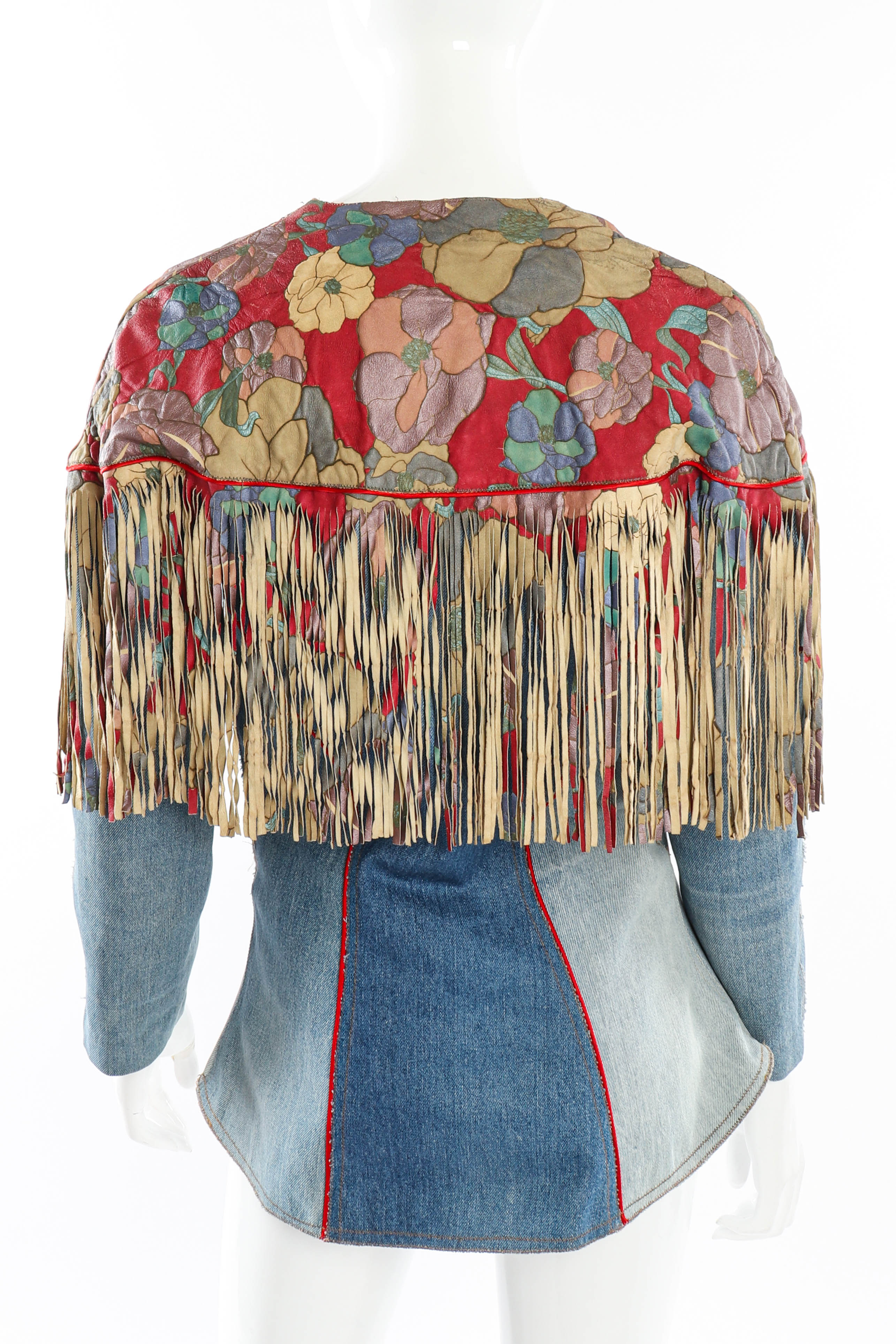 Vintage Roberto Cavalli Floral Denim and Leather Fringe Jacket back on mannequin @recessla