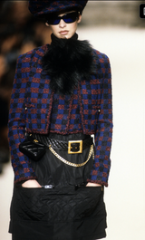Vintage Chanel Quilted Silk Utility Skirt on model close on 1994 runway