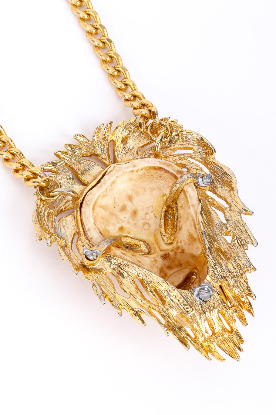 Vintage Luca Razza Lion Head Pendant Necklace backside of lion pendant, signature cartouche, and signs of tarnish closeup @Recessla