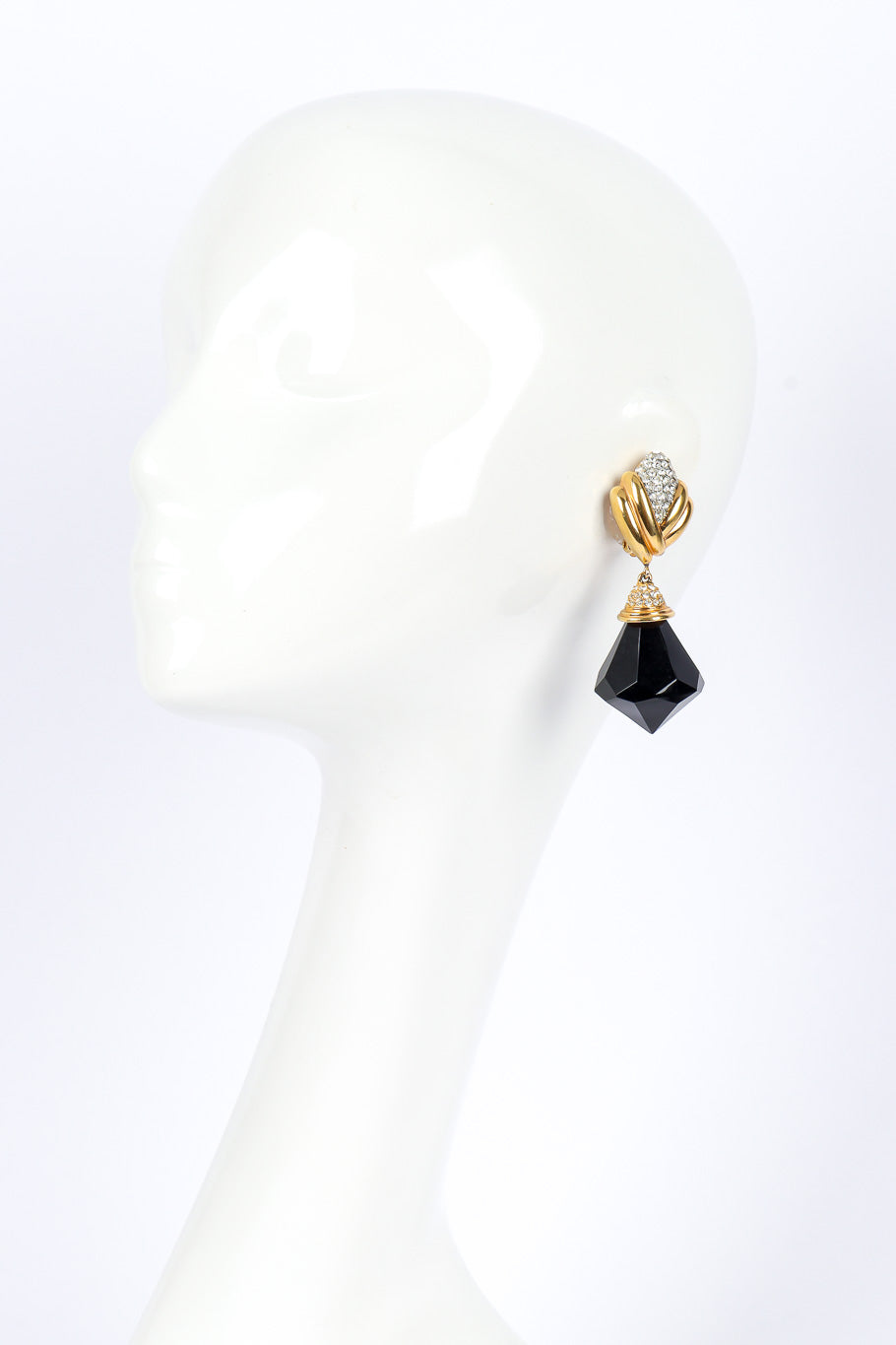  Diamond drop earrings by St. John on white background on mannequin @recessla