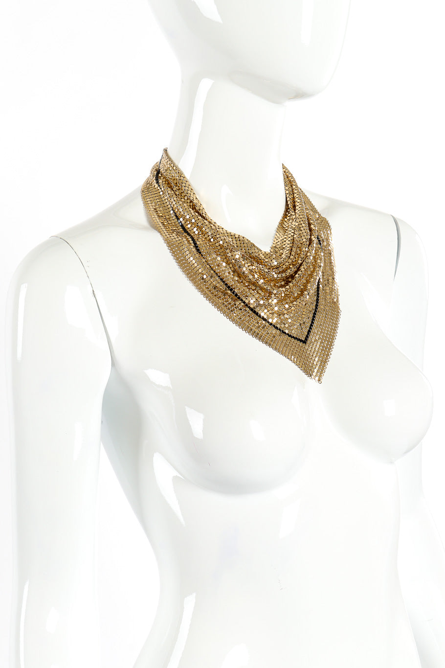 Chain mesh necklace by Whiting & Davis on white background on mannequin neck side close @recessla