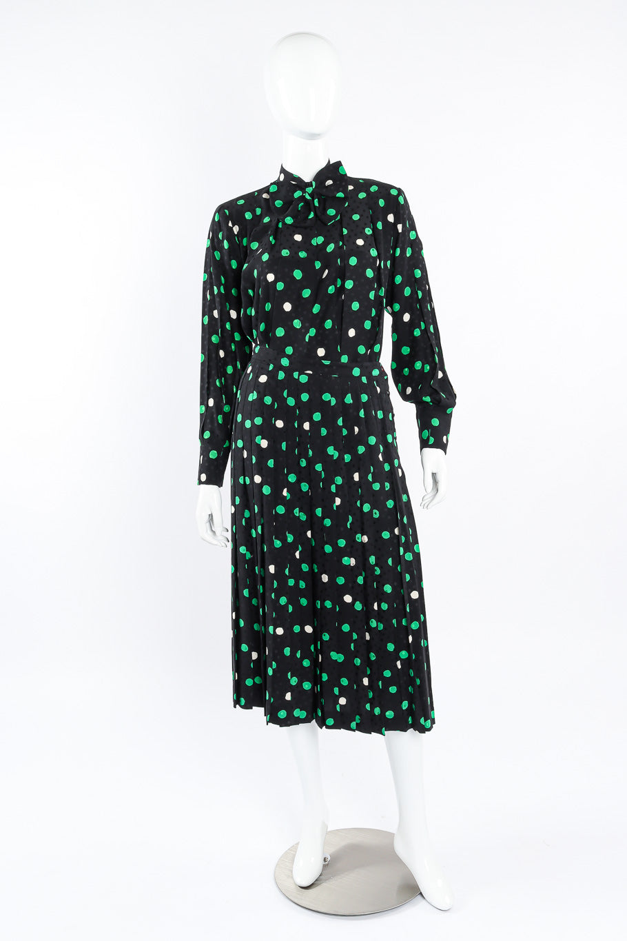 Adolfo polka dot silk blouse and skirt set on mannequin @recessla