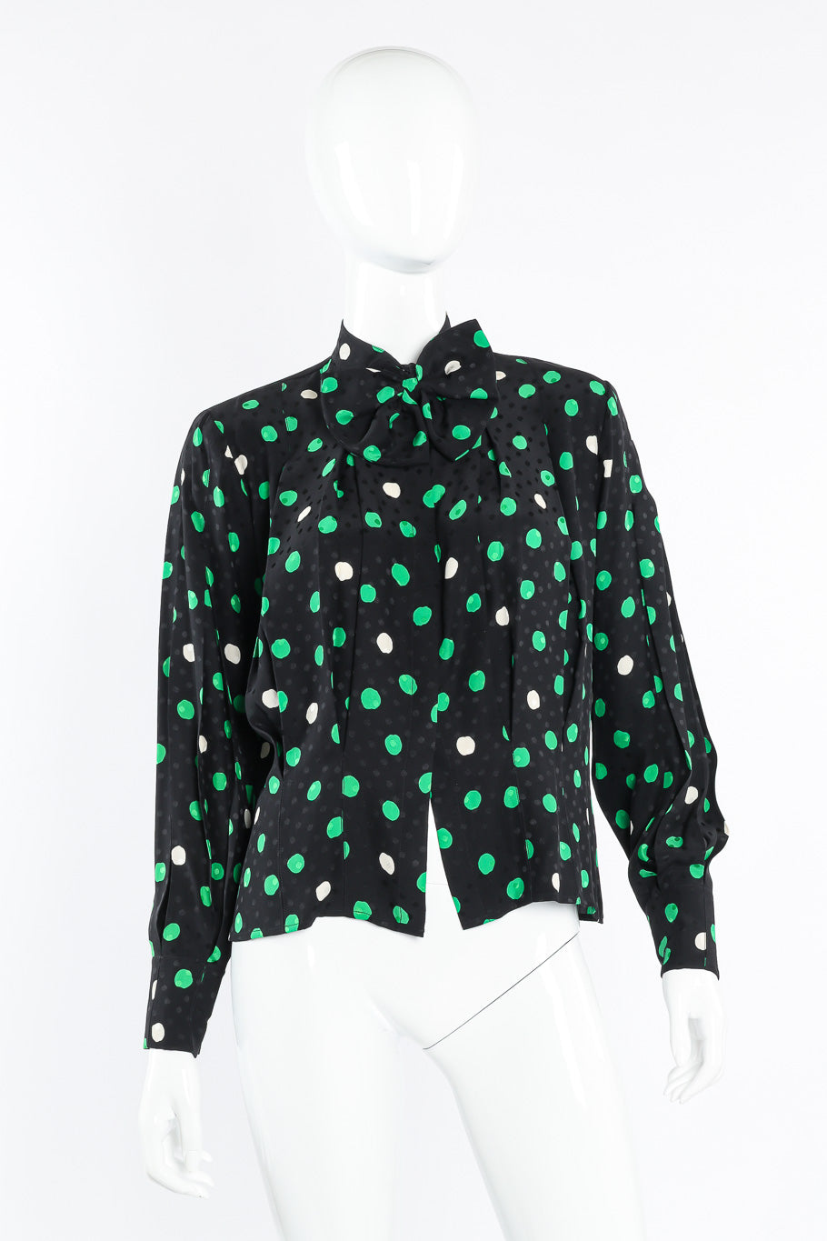 Adolfo polka dot silk blouse and skirt set blouse on mannequin @recessla