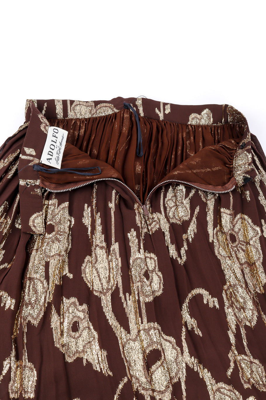 Vintage Adolfo Metallic Top and Skirt Set skirt unzipped closeup @recessla