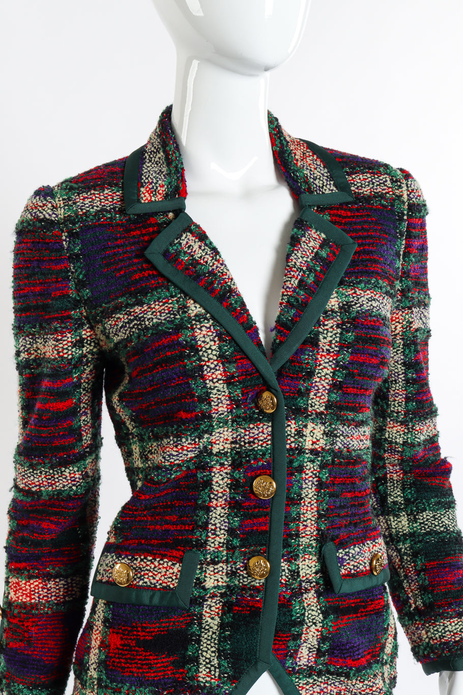 Vintage Adolfo Plaid Knit Jacket front on mannequin closeup @recessla