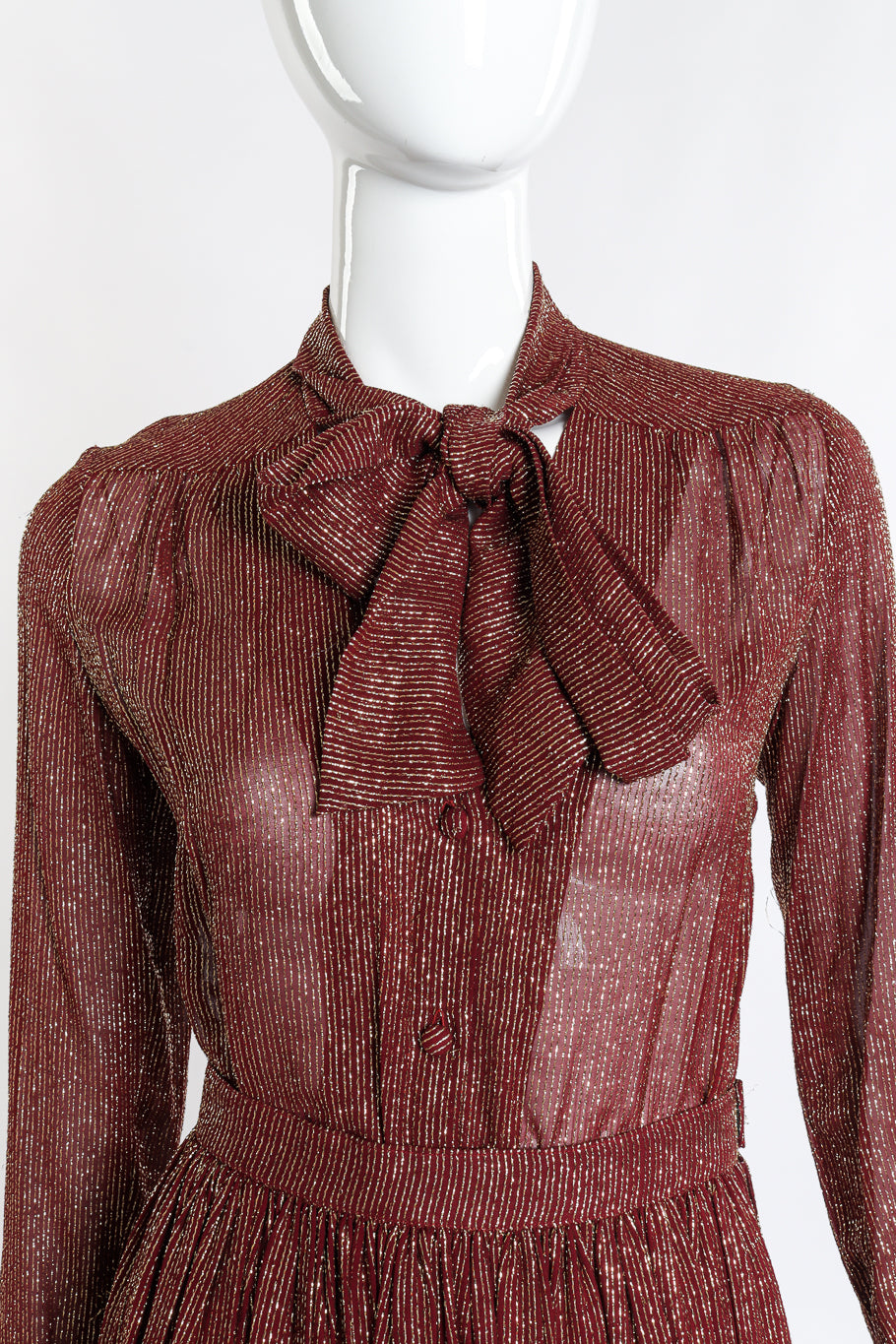 Vintage Adolfo Lamé Blouse & Pleated Skirt Set front on mannequin blouse closeup @recess la