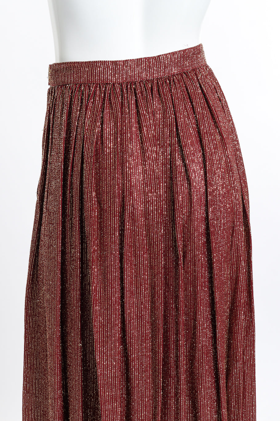 Vintage Adolfo Lamé Blouse & Pleated Skirt Set skirt back on mannequin closeup @recess la
