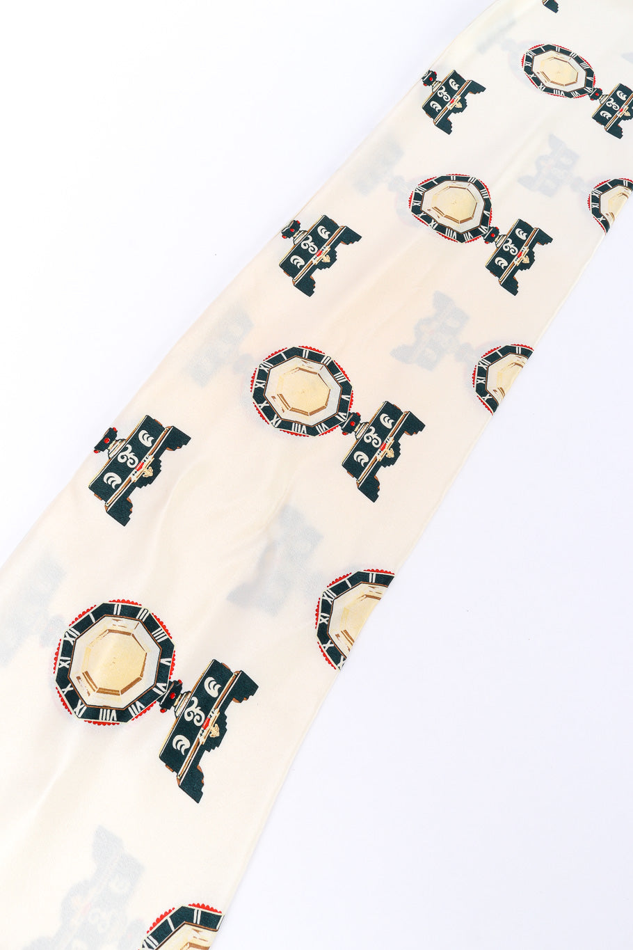 Vintage André Laug Roman Clock Motif Silk Blouse closeup of necktie laid flat @Recessla