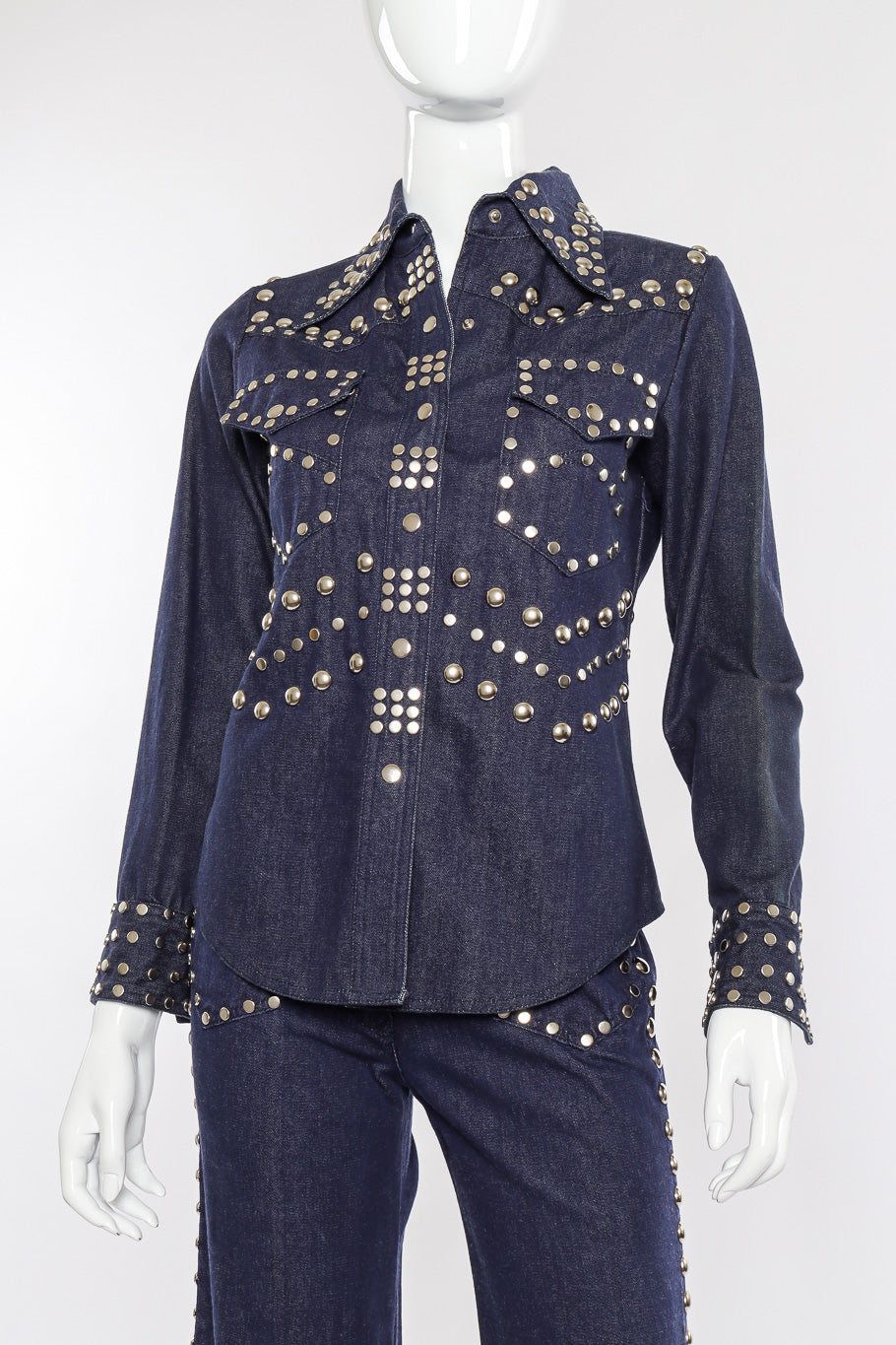 Vintage Allie Flynn Studded Denim Top and Pant Set front view of shirt on mannequin closeup @Recessla