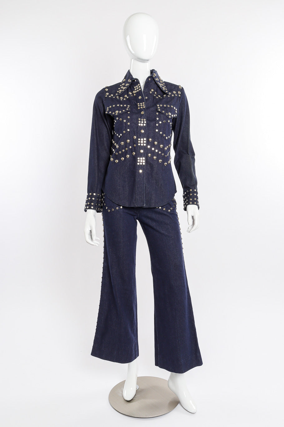 Vintage Allie Flynn Studded Denim Top and Pant Set front view on mannequin @Recessla