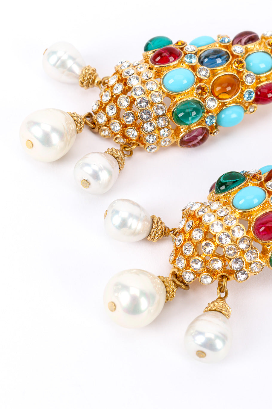 Vintage Ben Amun Glass Stone Chandelier Drop Earrings pearl teardrop charm closeup one white backdrop @Recessla