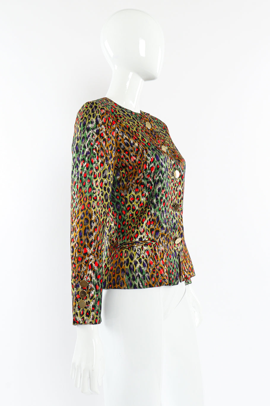 Vintage Bill Blass Leopard Print Silk Jacket side view on mannequin @Recessla