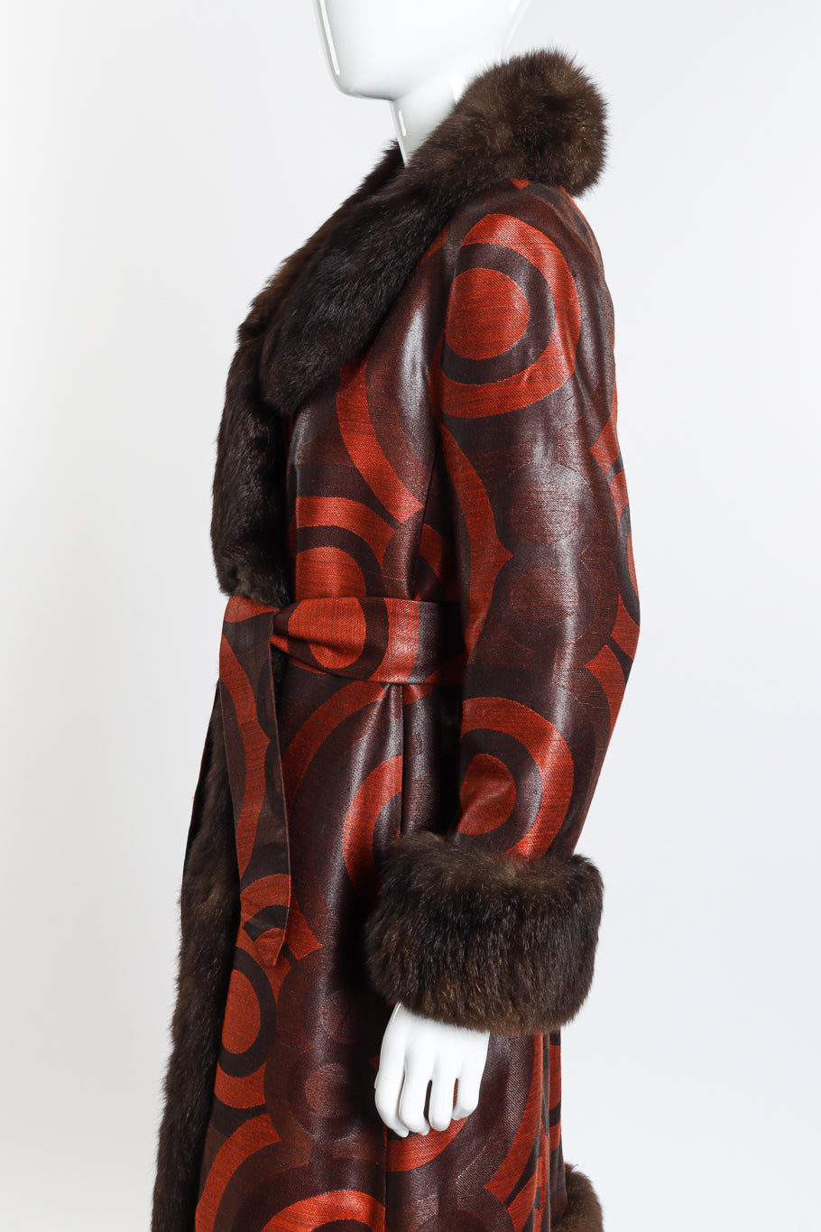 Vintage Bill Blass Circle Fur Trim Coat side on mannequin closeup @recess la