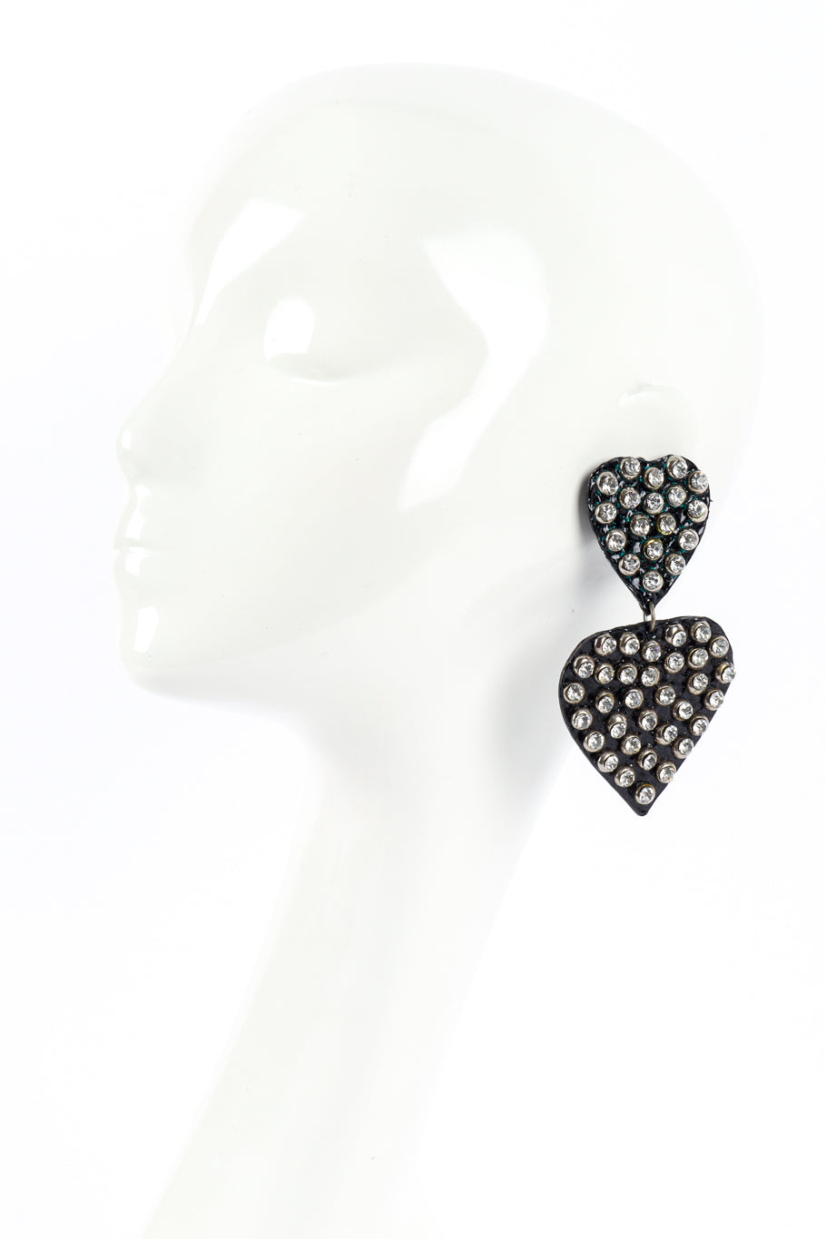 Vintage Patent Crystal Heart Drop Earrings on white background on mannequin @recessla