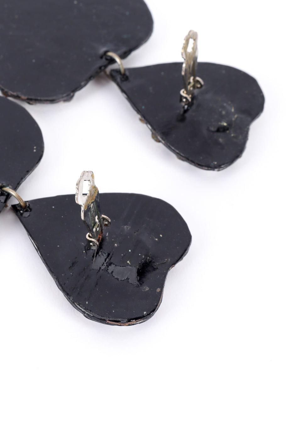 Vintage Patent Crystal Heart Drop Earrings on white background backs open @recessla