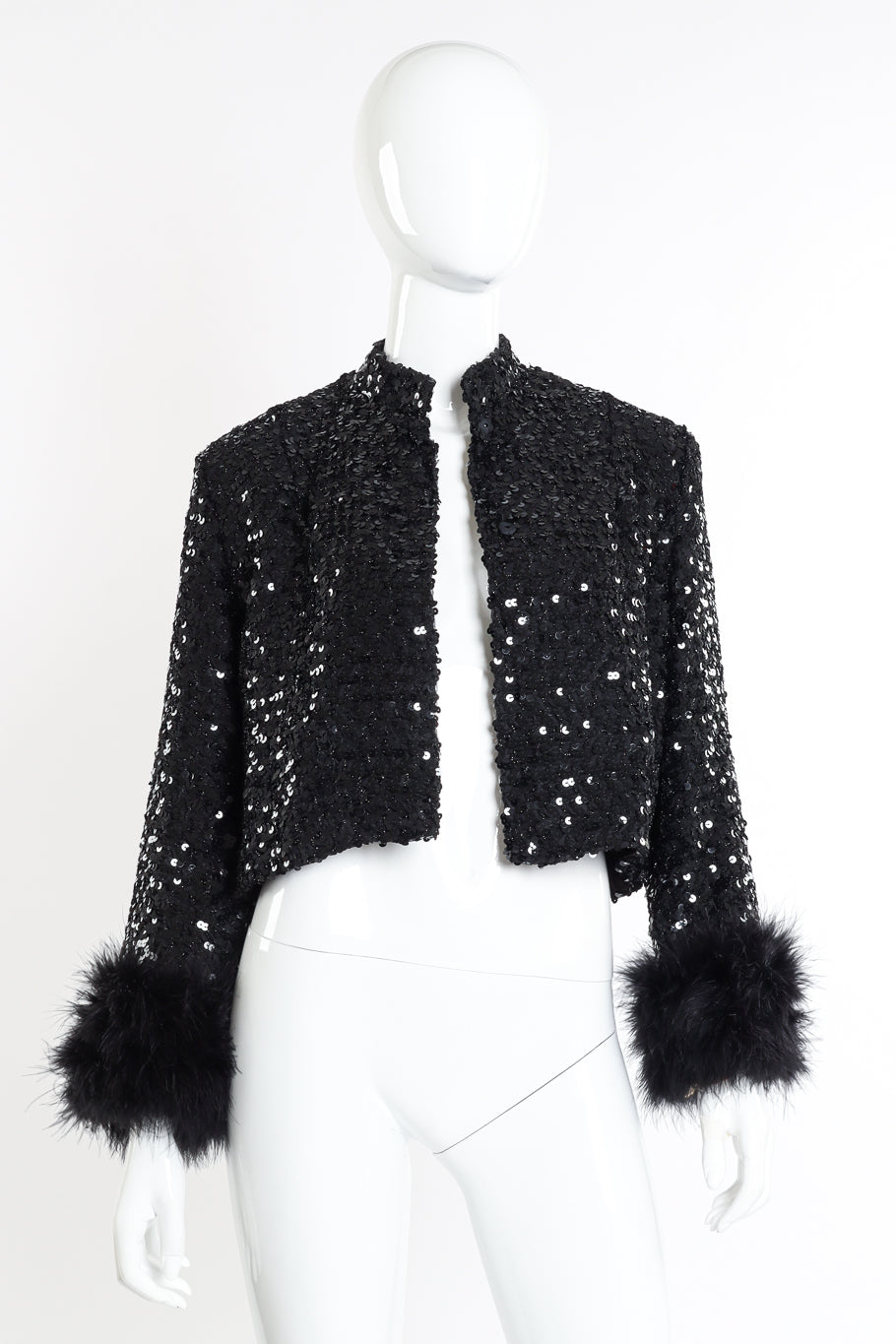 Vintage B. Siegel Marabou Cuff Sequin Jacket open front on mannequin @recessla