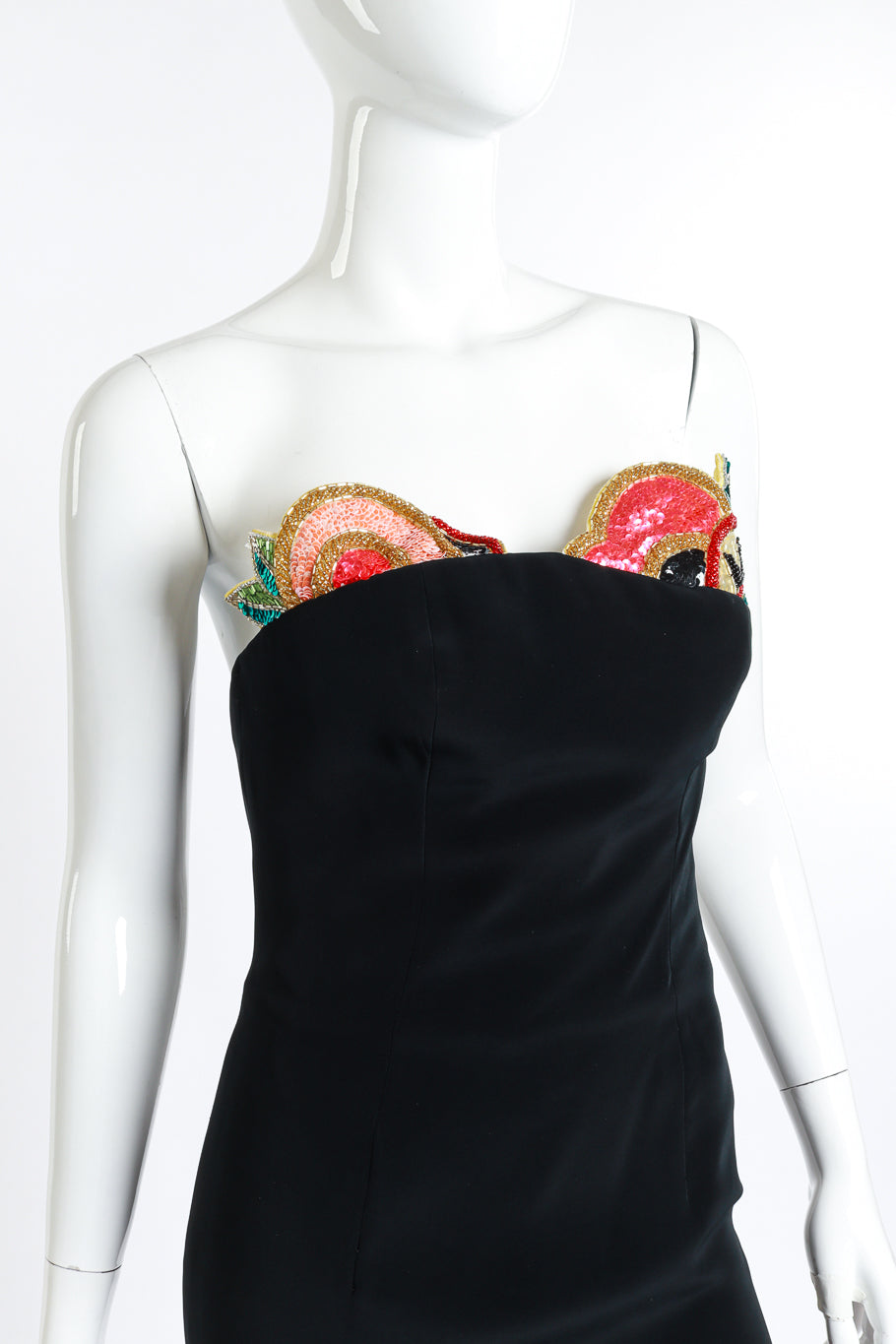 Vintage Bob Mackie Strapless Beaded Mini Dress front on mannequin closeup @recess la