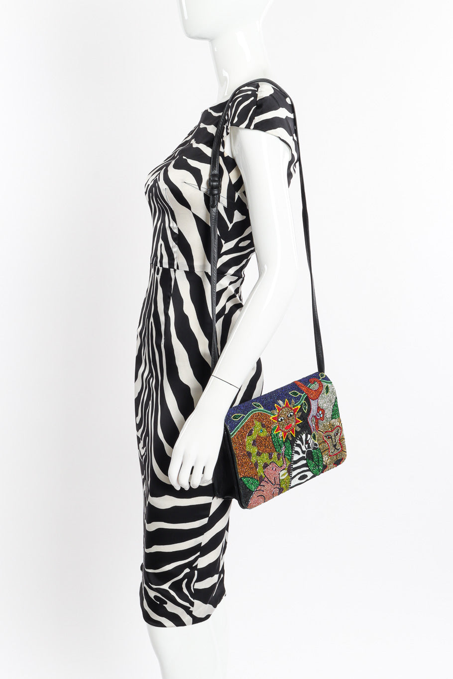 Jungle Animal Beaded Bag by Bradley on mannequin in zebra print dress @recessla