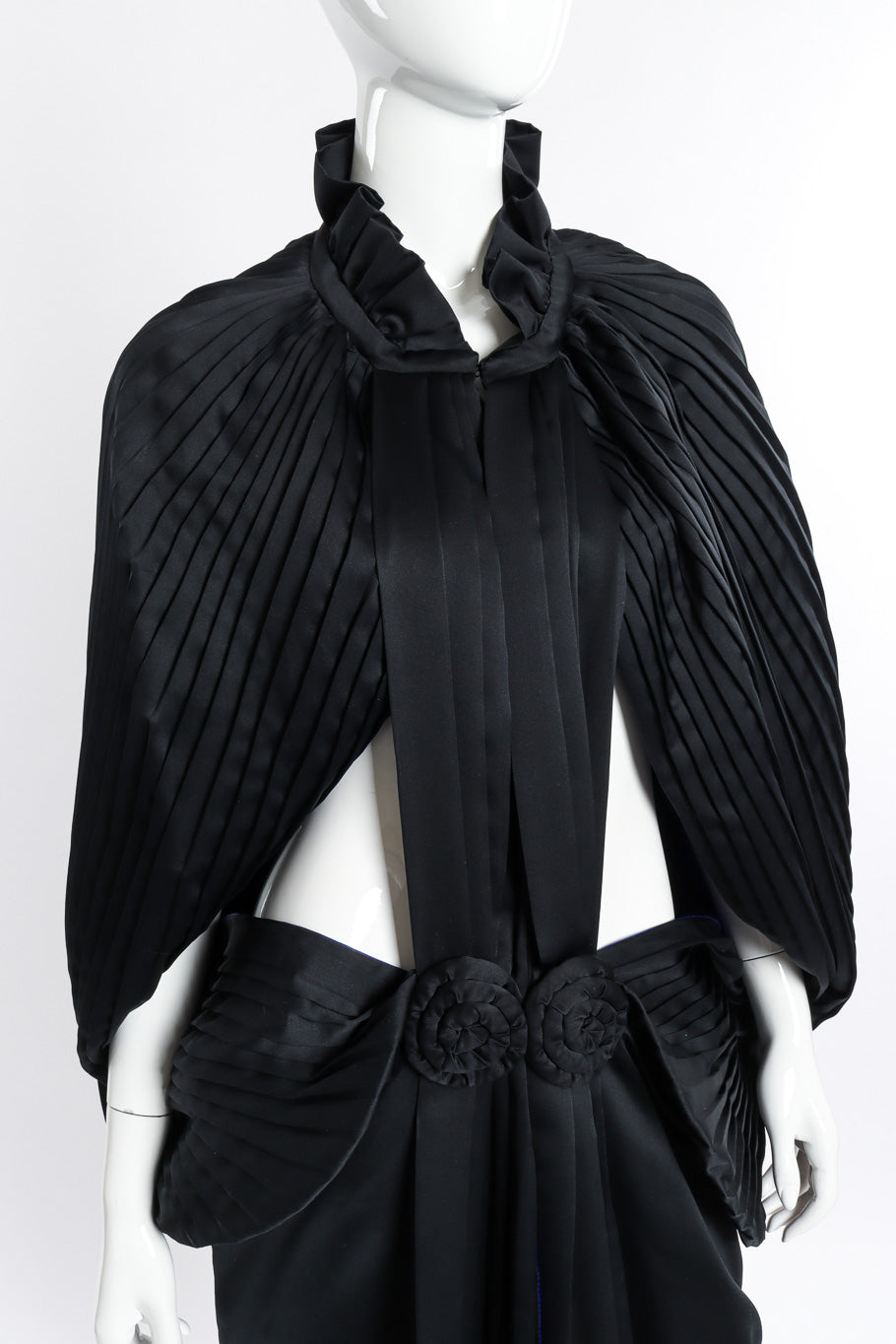 Pleated Cocoon Coat by Calderon on mannequin front closed @recessla