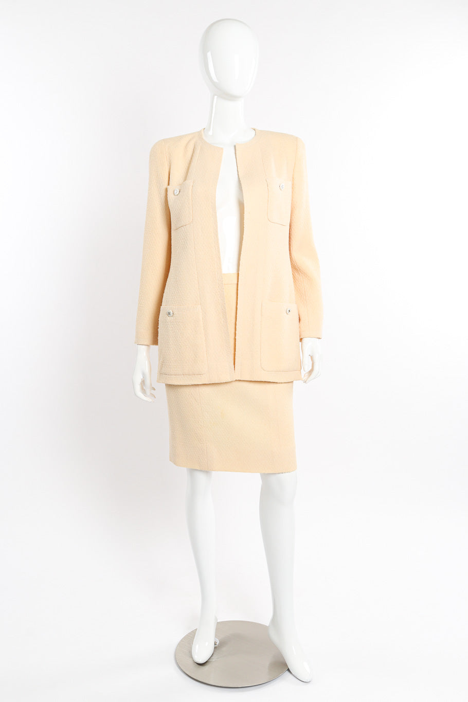 Chanel Knit Bouclé Jacket and Skirt Set front on mannequin @recessla