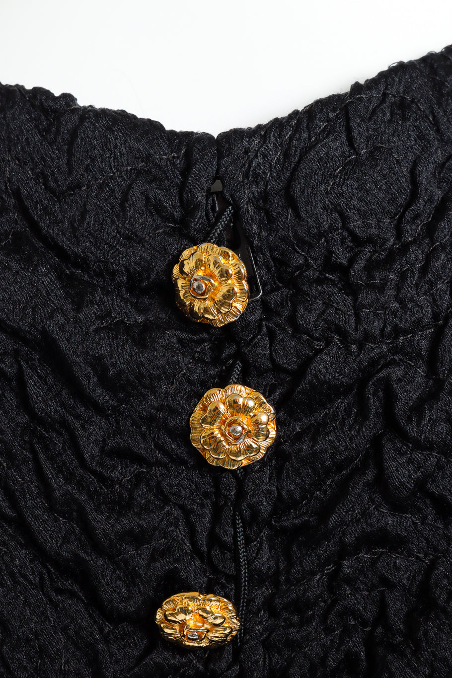 Vintage Chanel Ruched Camellia Flower Dress flower button closeup @recess la