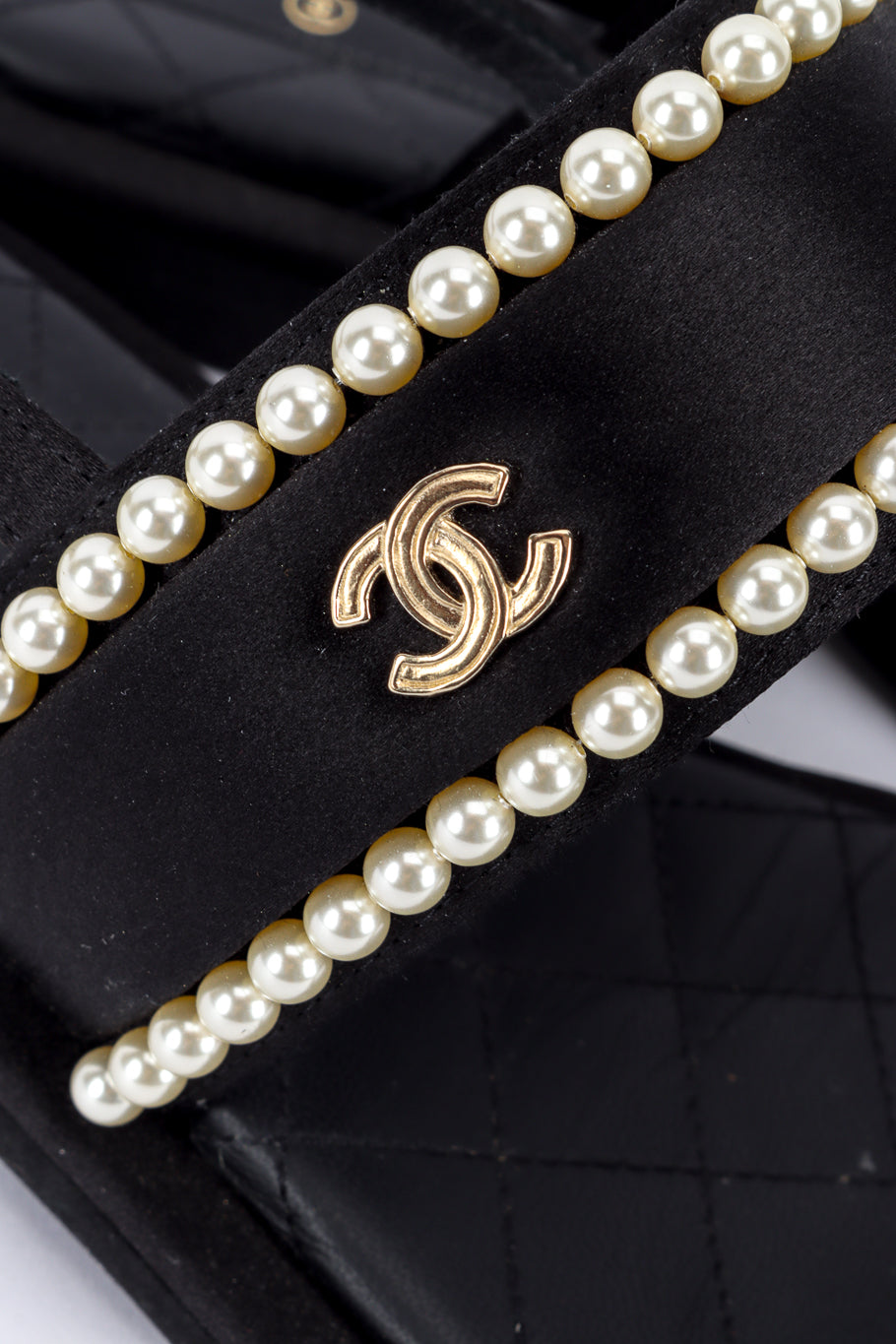 Chanel CC Satin & Pearl Sandals CC charm closeup @recess la