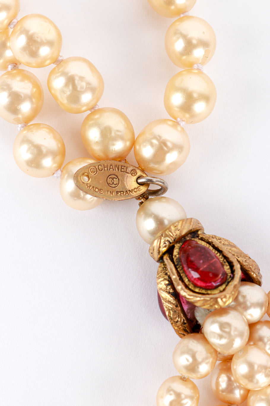 Vintage Chanel Pearl Tassel Wrap Necklace signature charm closeup @recess la