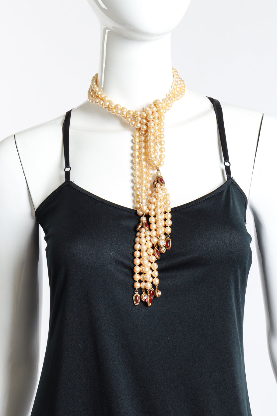 Vintage Chanel Pearl Tassel Wrap Necklace front on mannequin @recess la