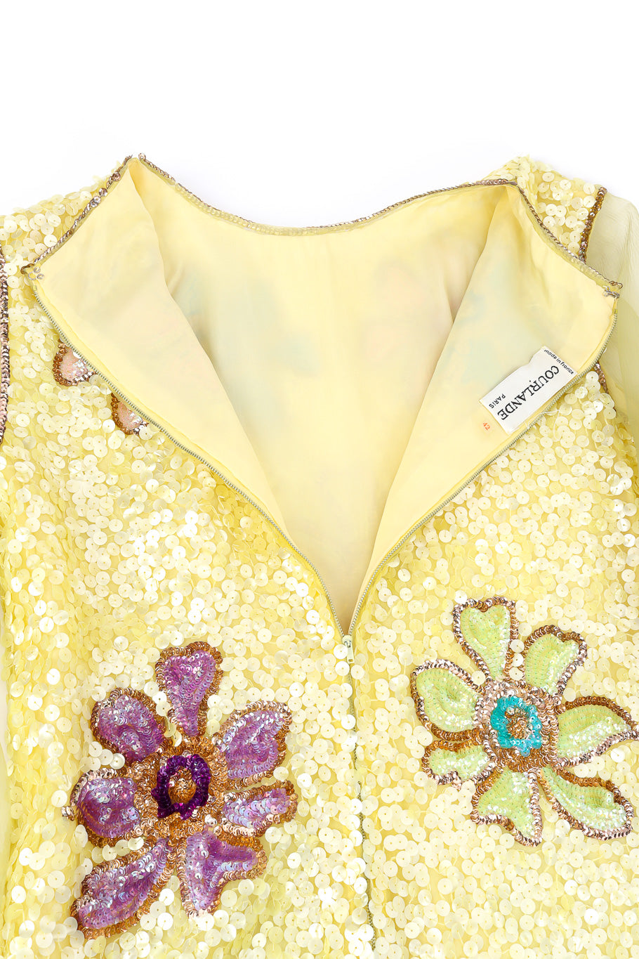 Vintage Courlande Silk Organza Flower Sequin Dress back view unzipped closeup @Recessla