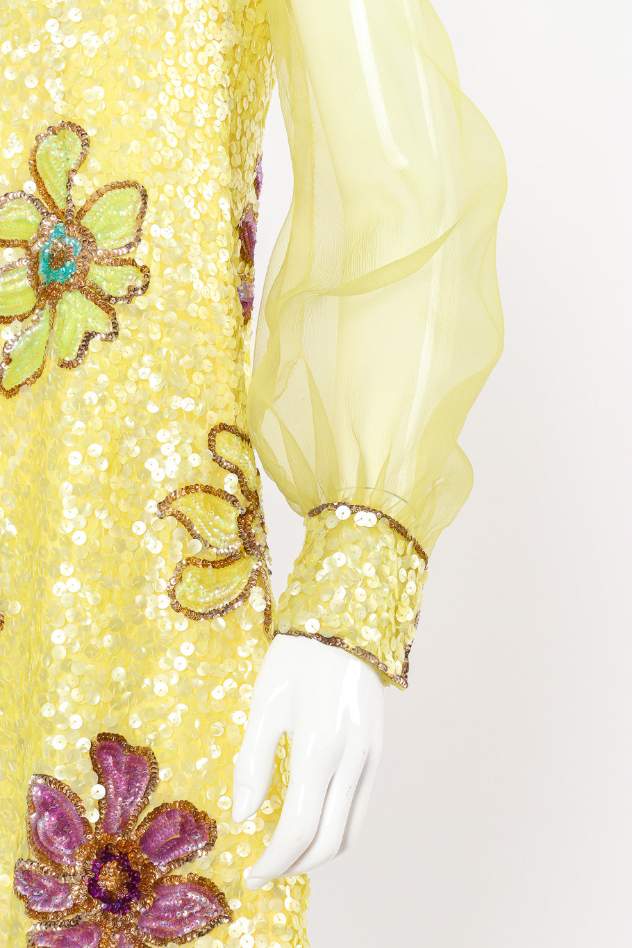 Vintage Courlande Silk Organza Flower Sequin Dress view of sleeve on mannequin closeup @Recessla