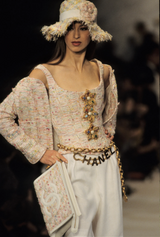 tweed corset top by Chanel on model on 1993 runway