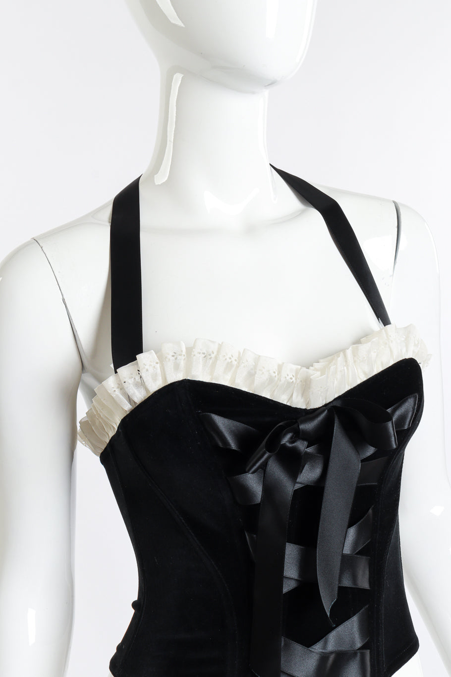 Vintage Chantal Thomass Velvet Halter Bustier front on mannequin closeup @recess la