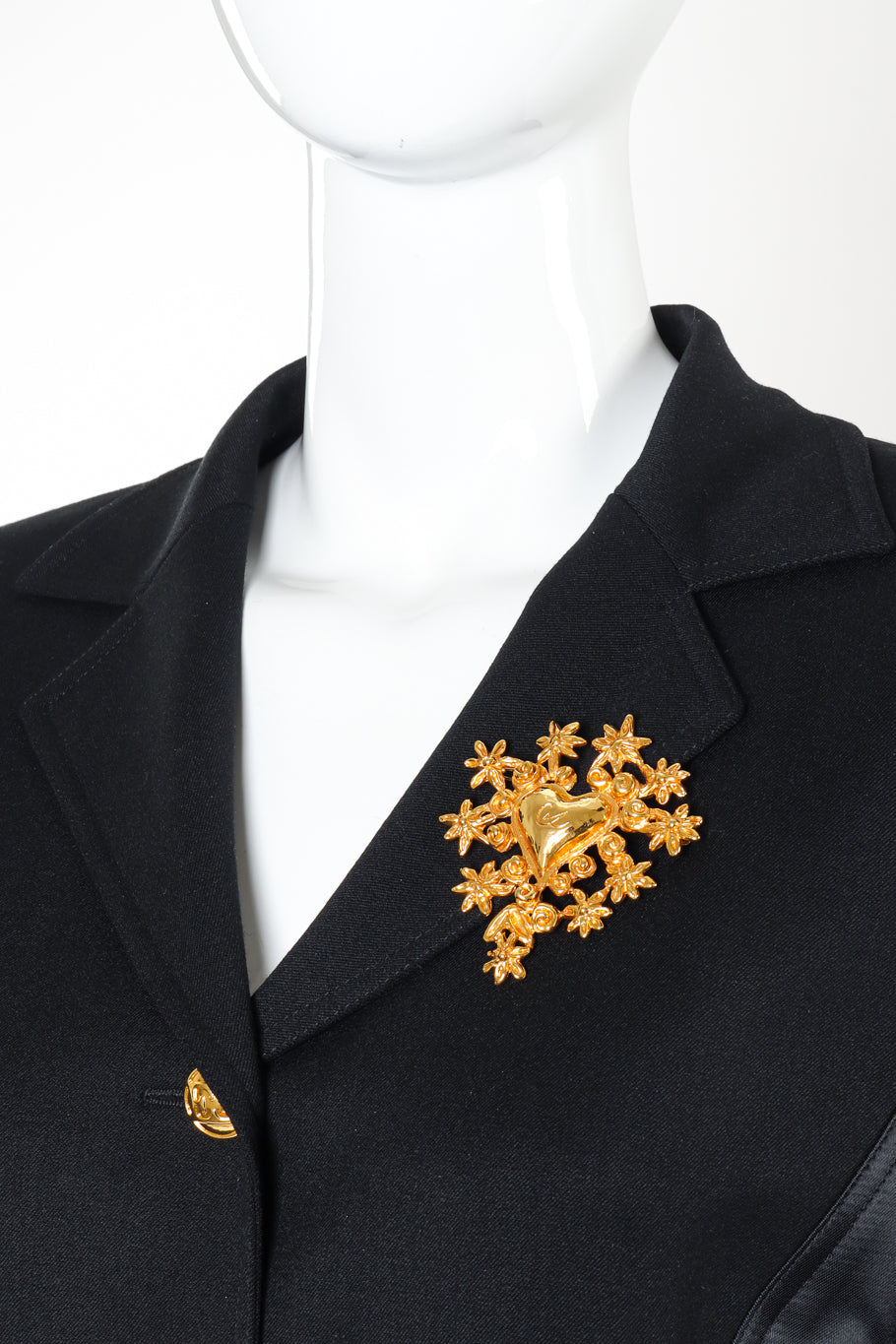 Vintage Christian LaCroix Floral Heart Brooch on mannequin black blazer  @Recessla