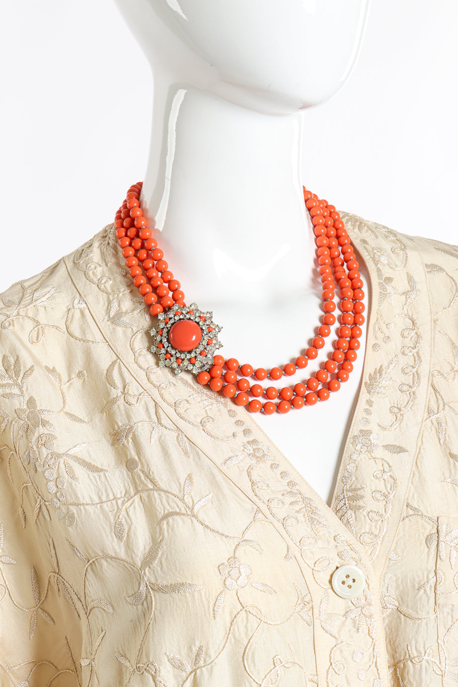 Vintage Trifari Coral Lucite Necklace & Earring Set necklace on mannequin @recess la
