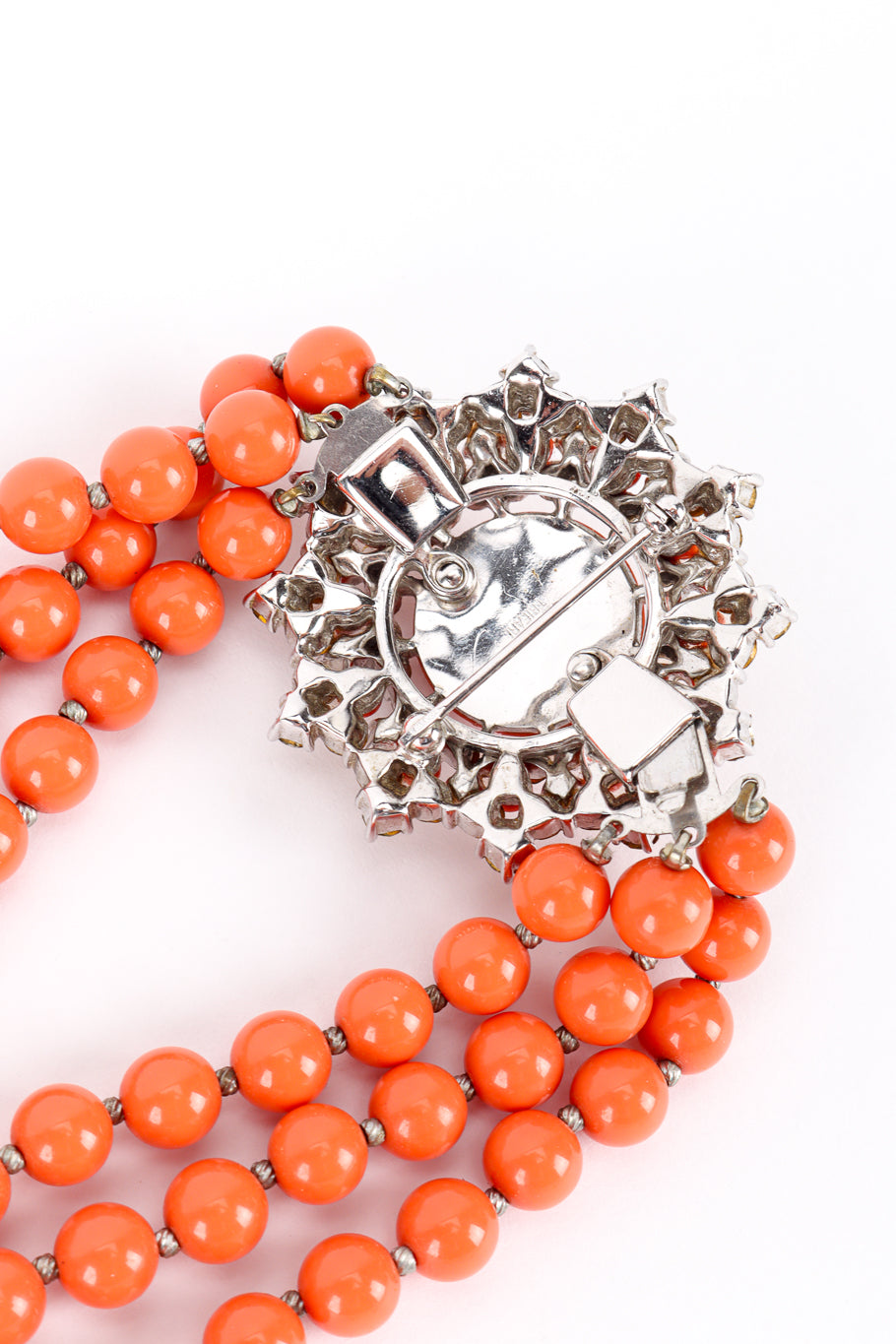 Vintage Trifari Coral Lucite Necklace & Earring Set back of necklace pendant @recess la