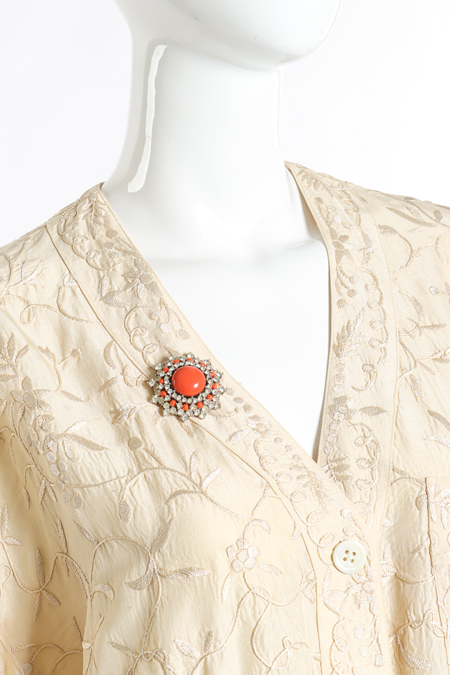 Vintage Trifari Coral Lucite Necklace & Earring Set pendant brooch on mannequin @recess la