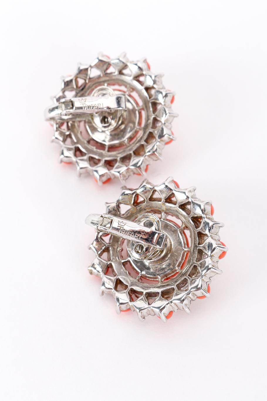 Vintage Trifari Coral Lucite Necklace & Earring Set earring back signature @recess la