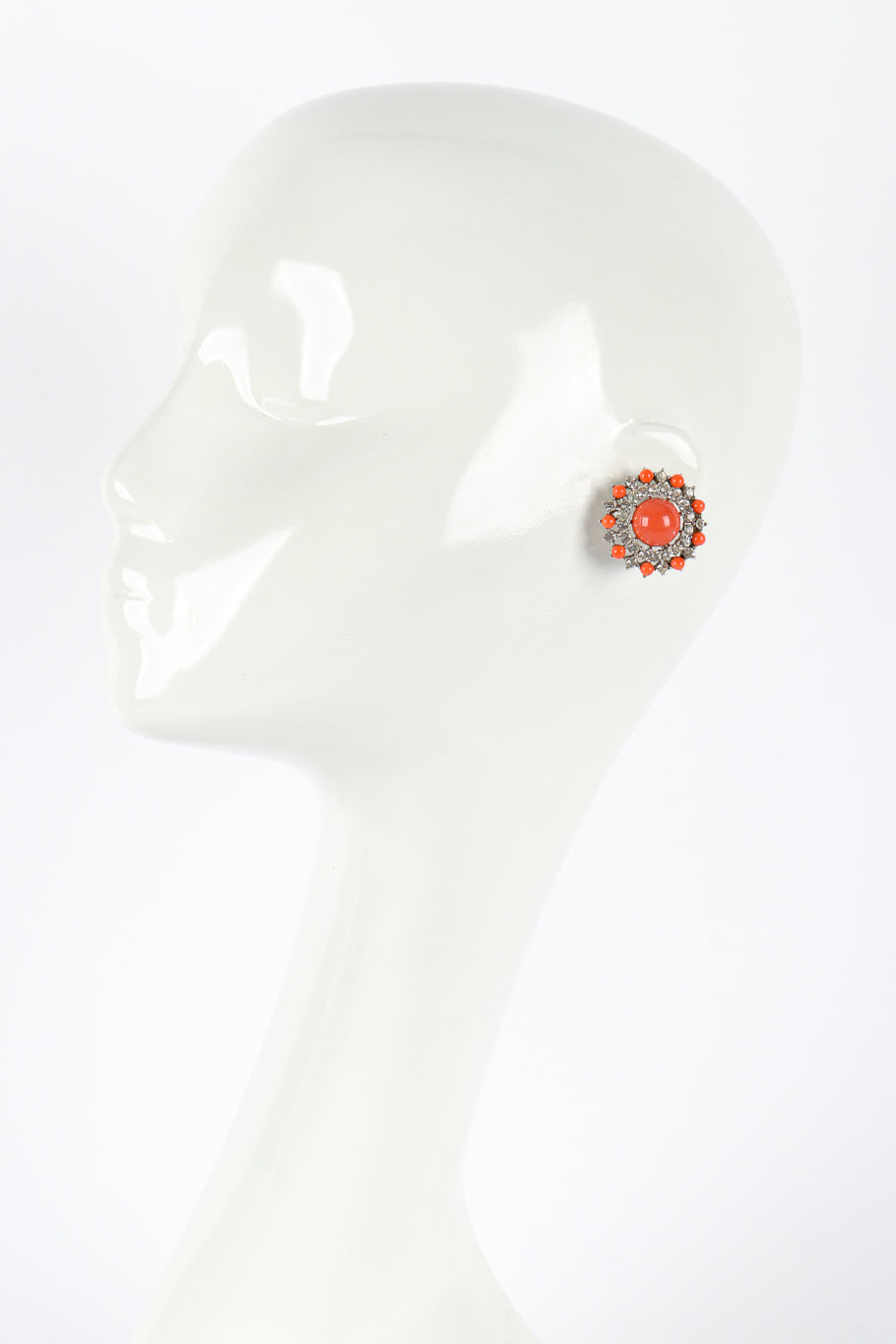 Vintage Trifari Coral Lucite Necklace & Earring Set earring on mannequin @recess la