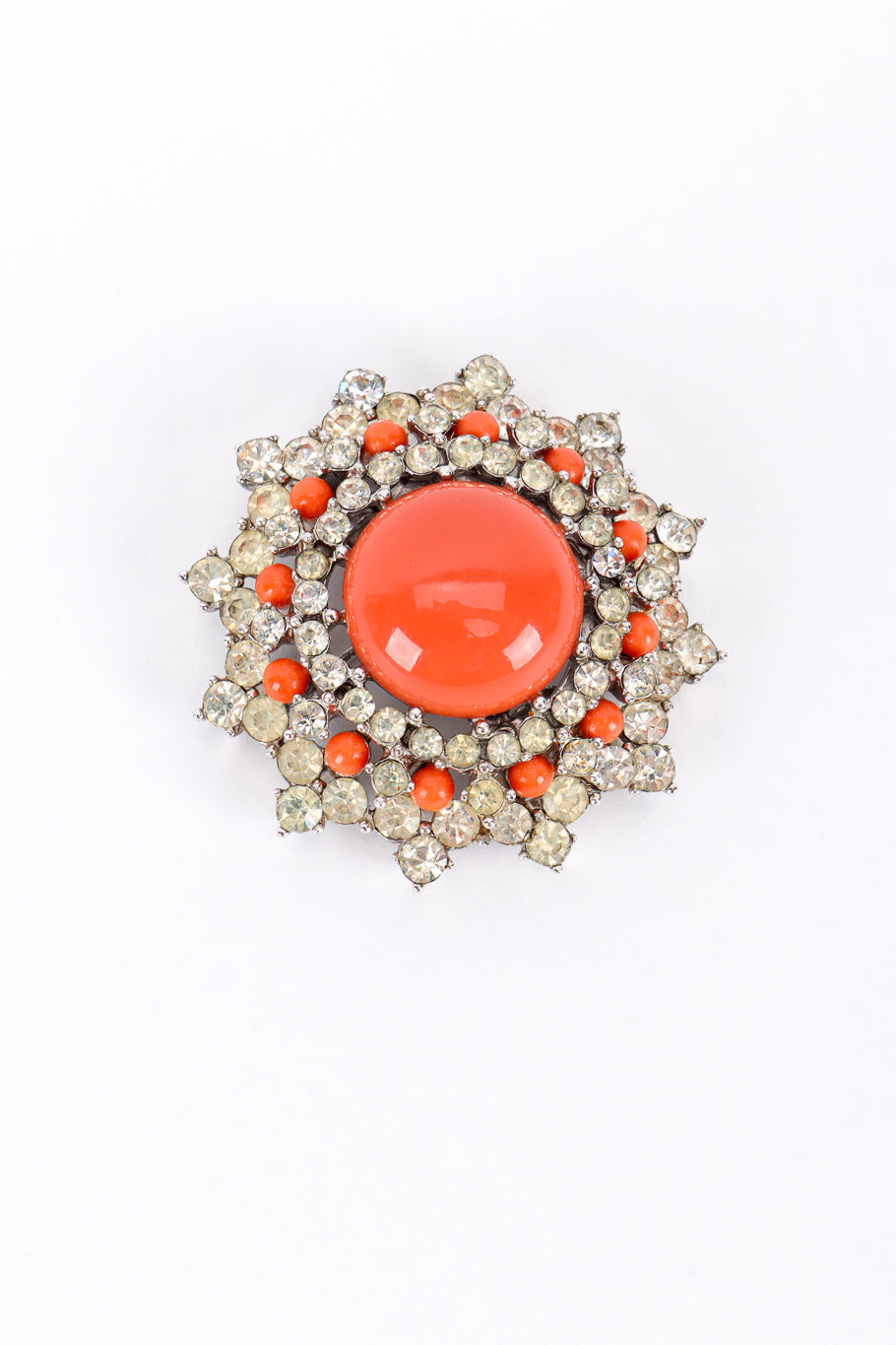 Vintage Trifari Coral Lucite Necklace & Earring Set pendant brooch front @recess la