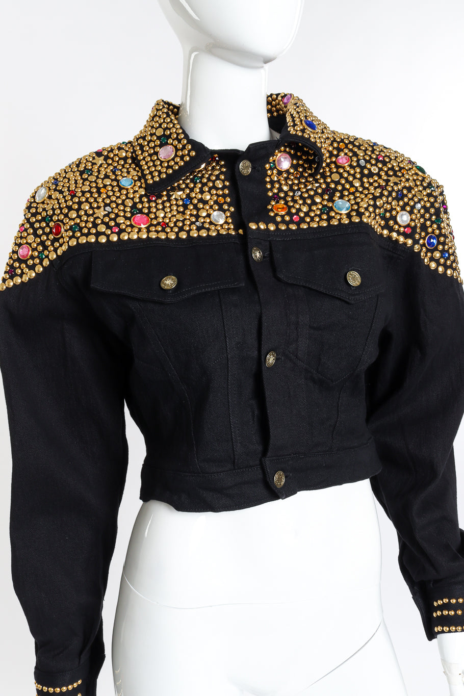 Vintage Cross Walk LA Studded Denim Jacket front on mannequin closeup @recess la
