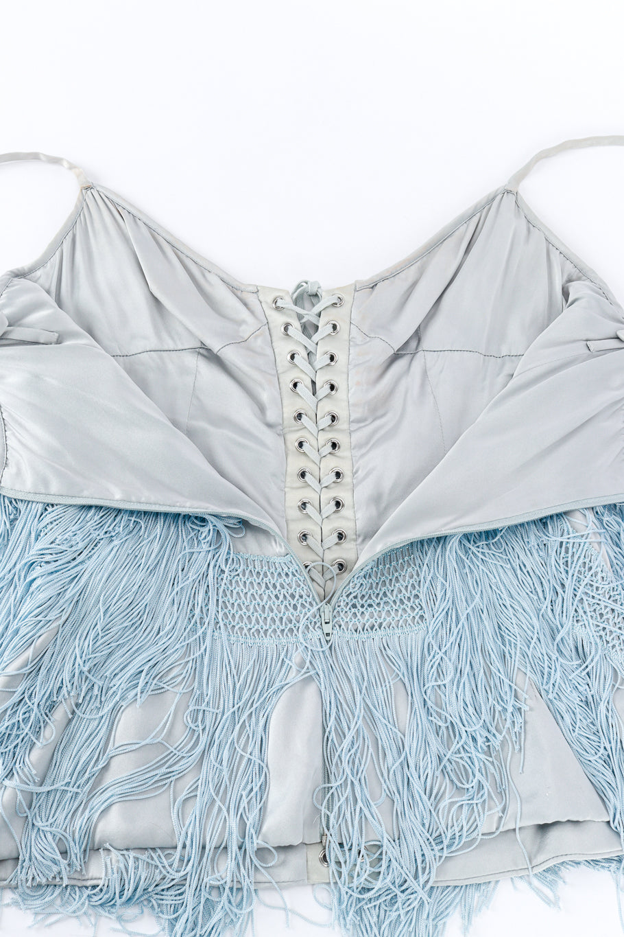 Dolce & Gabbana Fringe Fishnet Corset Top zipper detail @RECESS LA