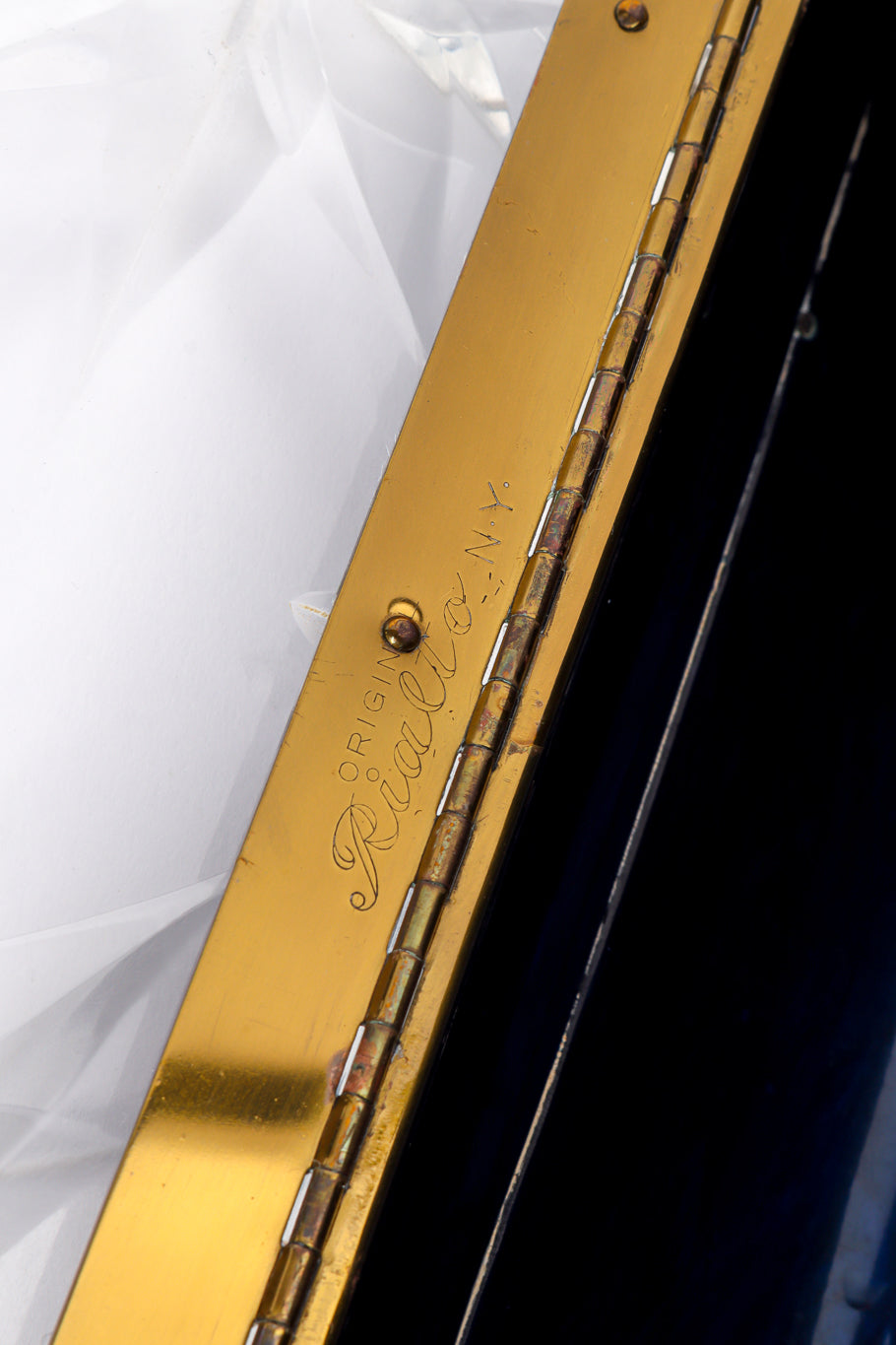 Vintage Rialto Pearlescent Oblong Lucite Box Bag signature closeup @recessla