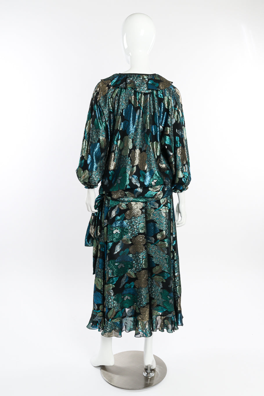 Lamé Ruffle Blouse & Skirt Set by Diane Freis on mannequin back @recessla