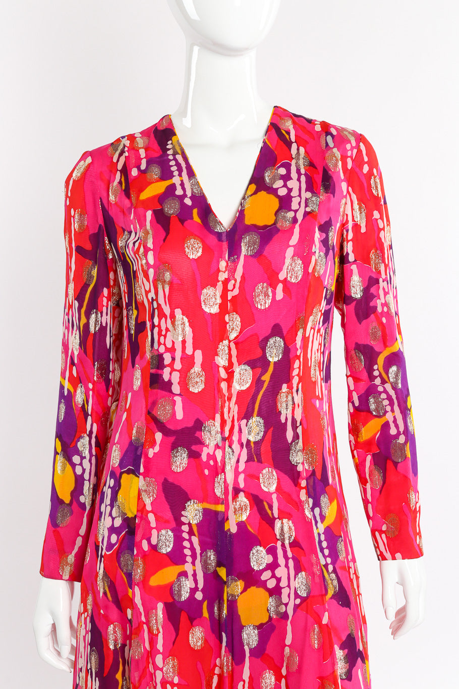 Vintage Doreen Loh Abstract Floral Print Maxi Dress front view on mannequin closeup @Recessla
