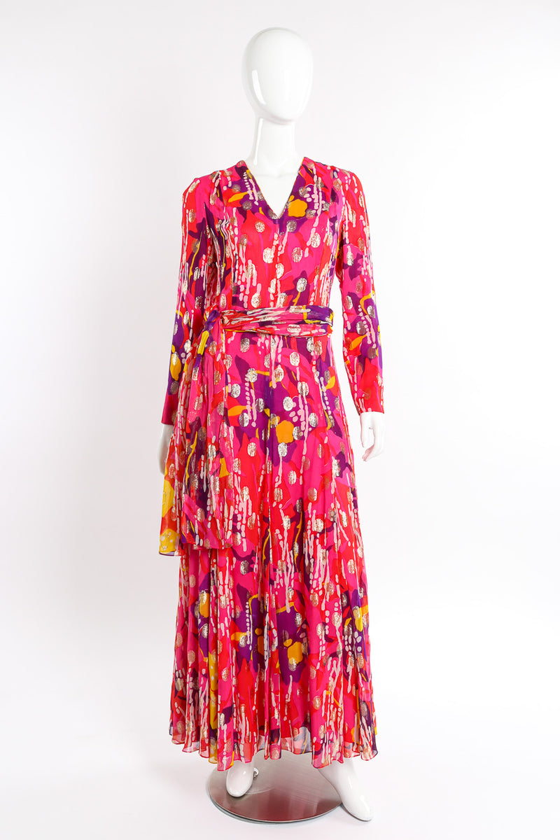 Vintage Doreen Loh Abstract Floral Print Maxi Dress front view on mannequin with sash around waist @Recessla