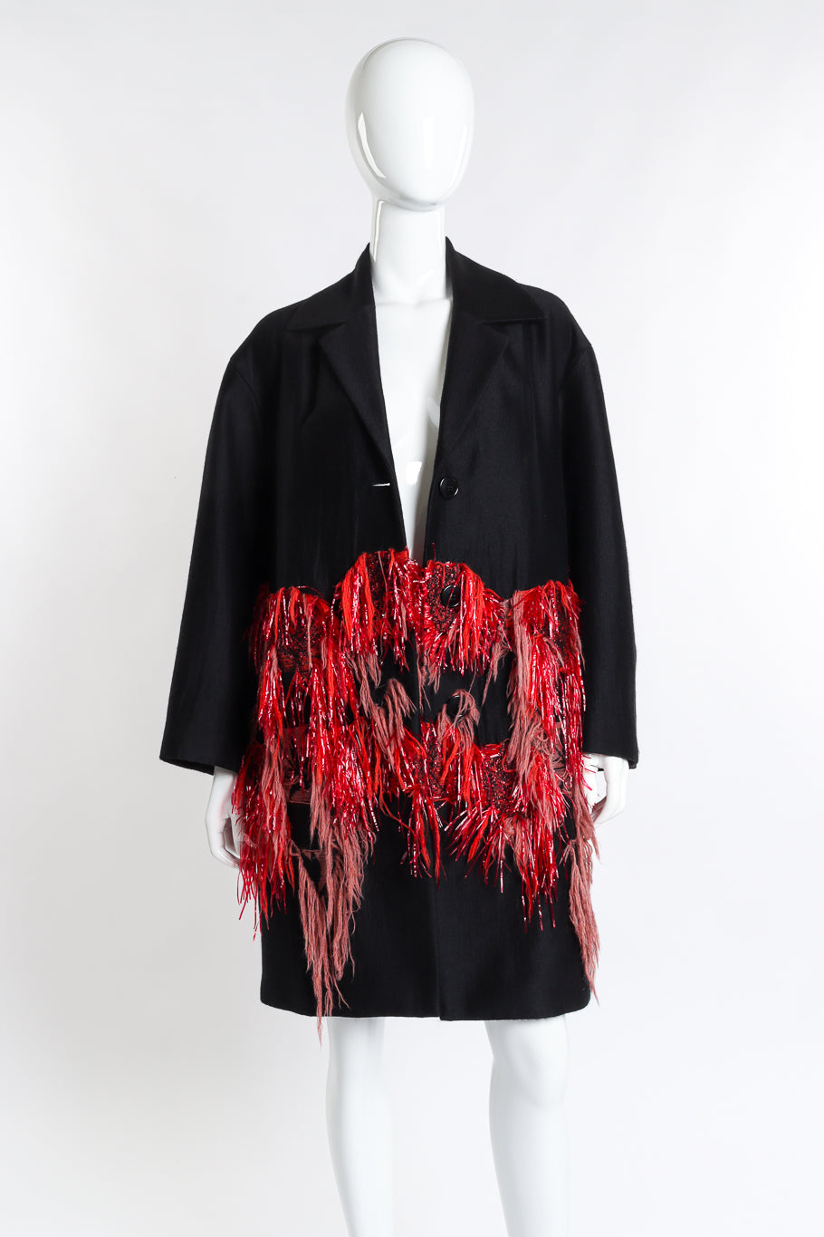Dries Van Noten Tassel & Tinsel Feature Coat front on mannequin @recess la