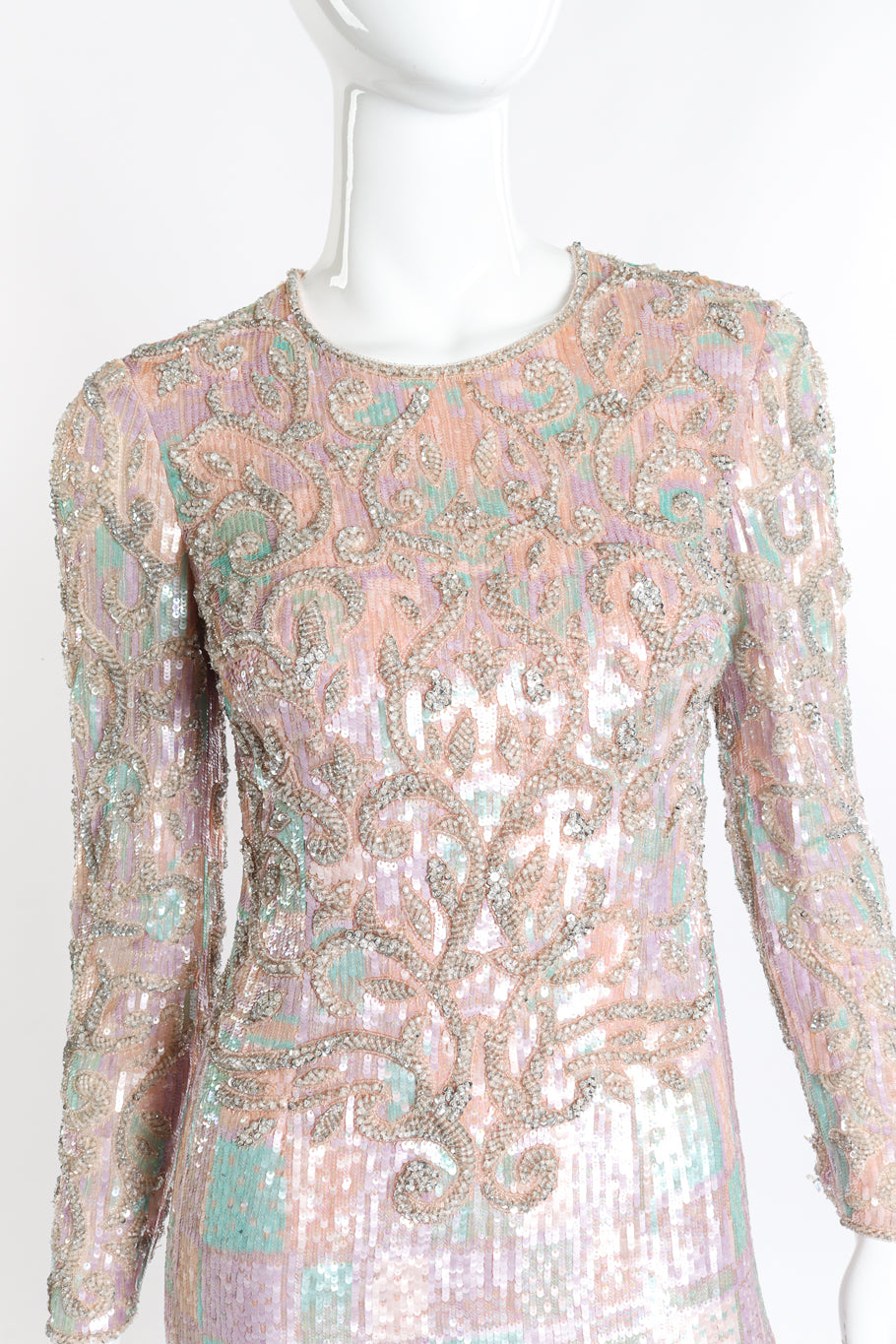 Pastel Fleur Beaded Gown by Escada on mannequin chest close @recessla