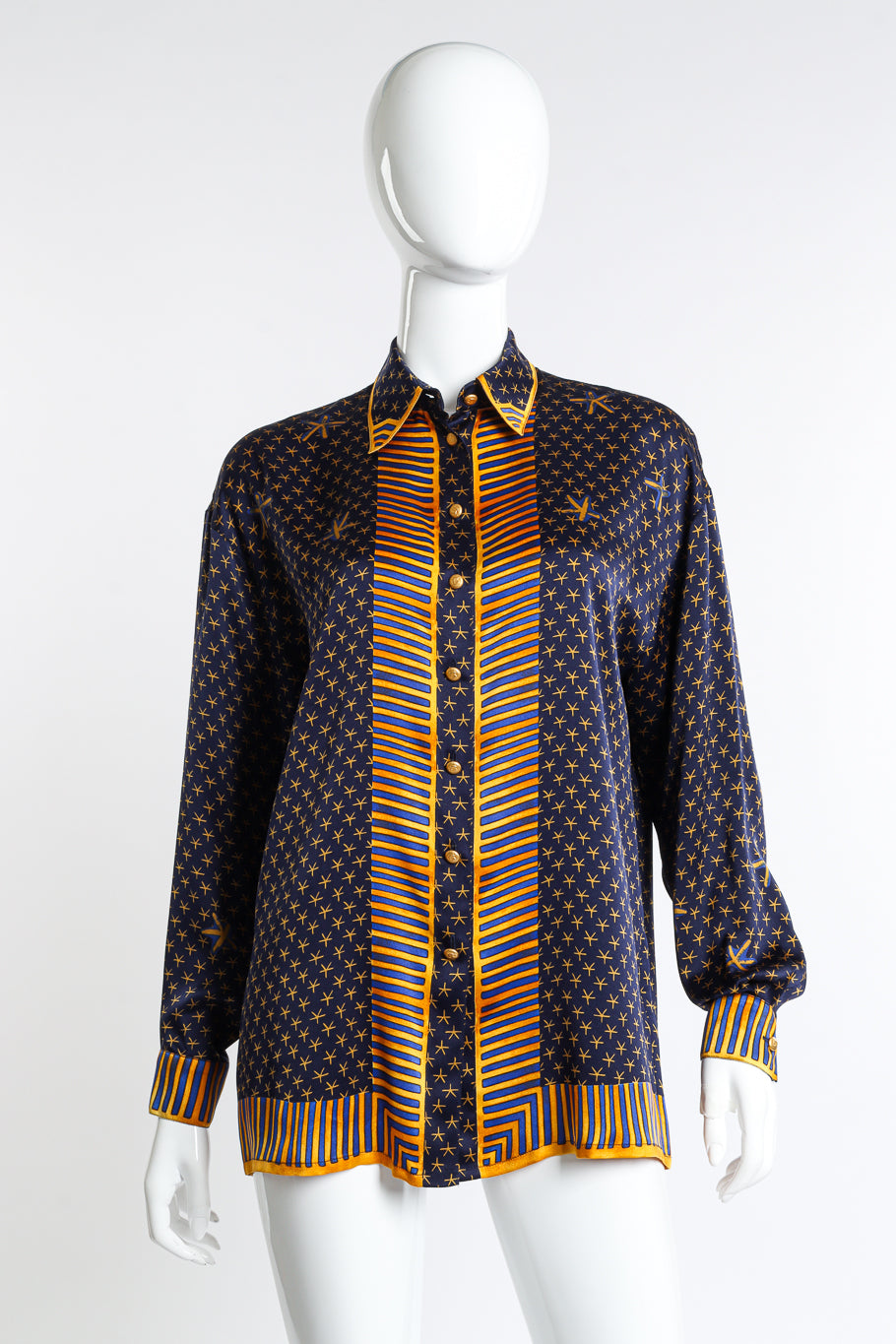 Vintage Escada Pharaoh Star Print Silk Blouse front on mannequin @recess la