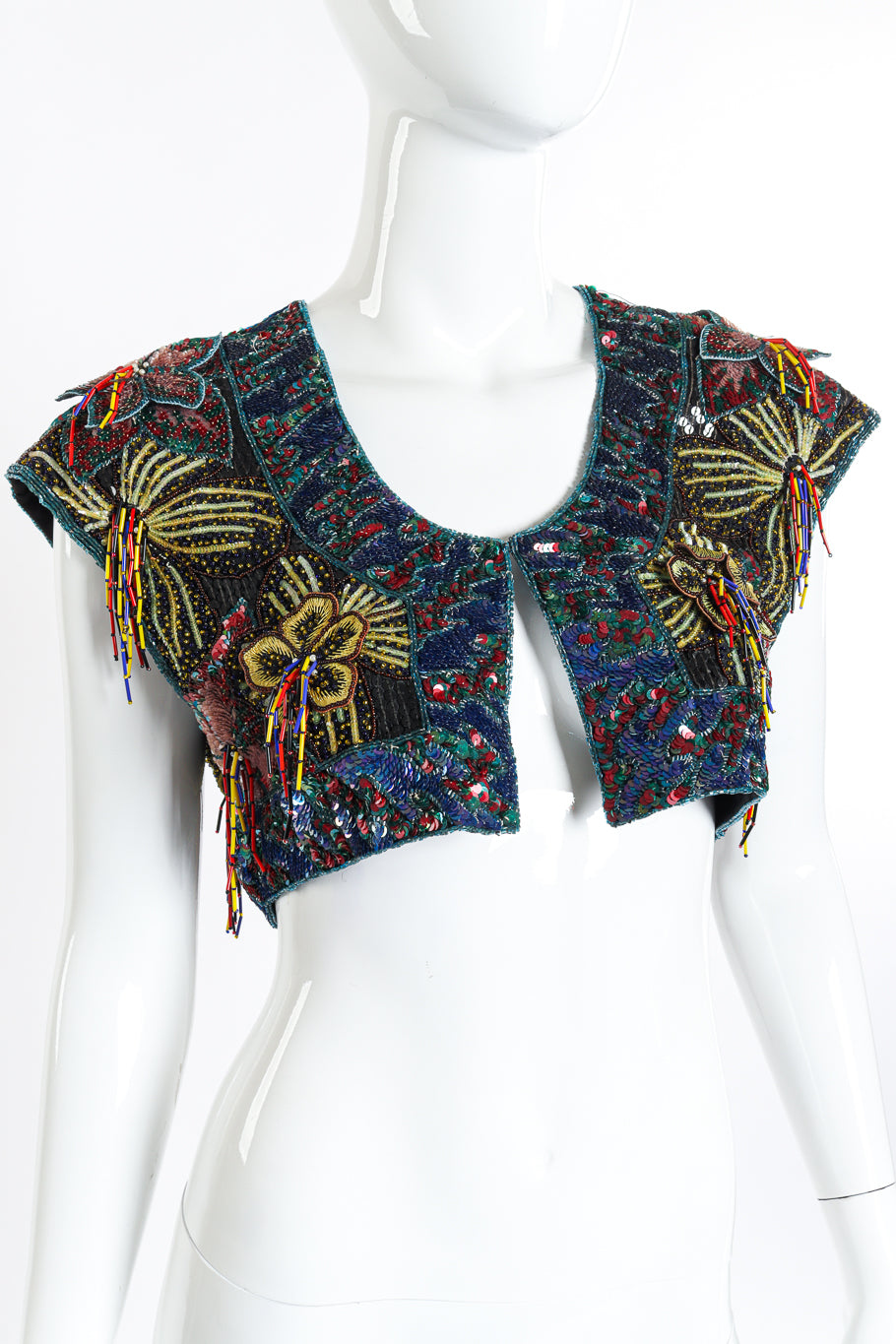 Vintage Ella Singh Beaded Sequin Cropped Vest Top front on mannequin closeup @recessla